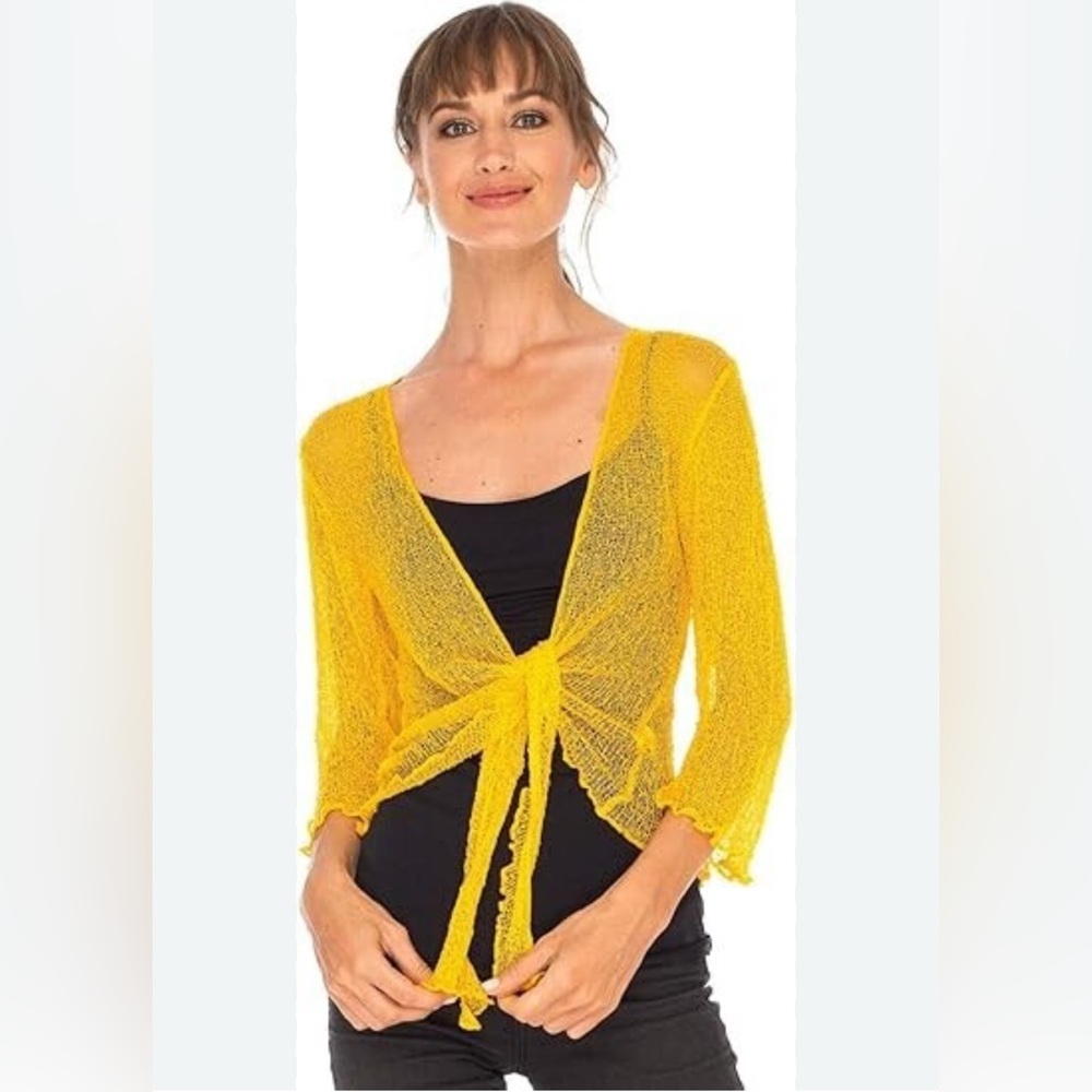 Women's Front Open Bolero Shrug 3/4 Sleeve Cropped Stretch Fishnet Tie Up